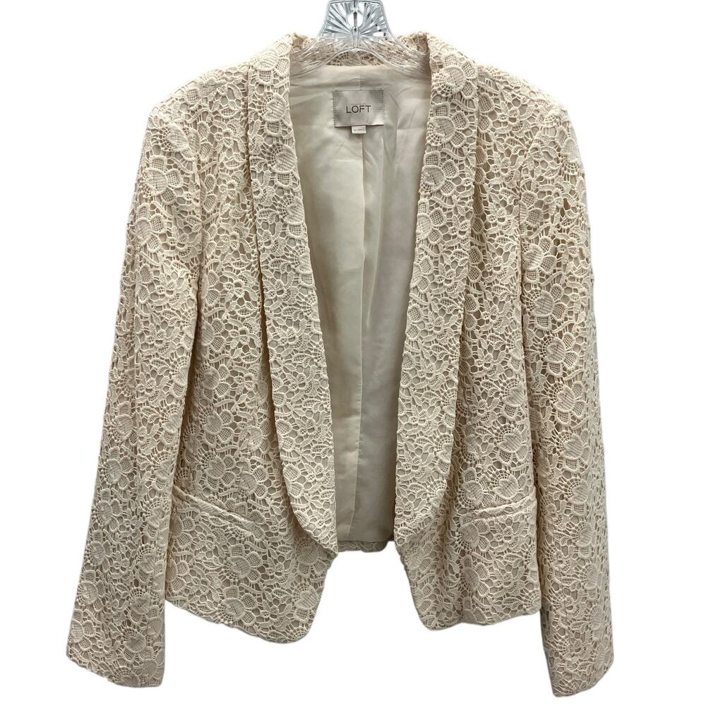 Loft Lace Blazer Cream Open Front Cropped Romantic Cottage Core 12